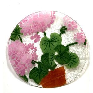 Ann C Ross Fused Glass Flower Lilypad Crafted Plate Trivet Art Signed Pink Green